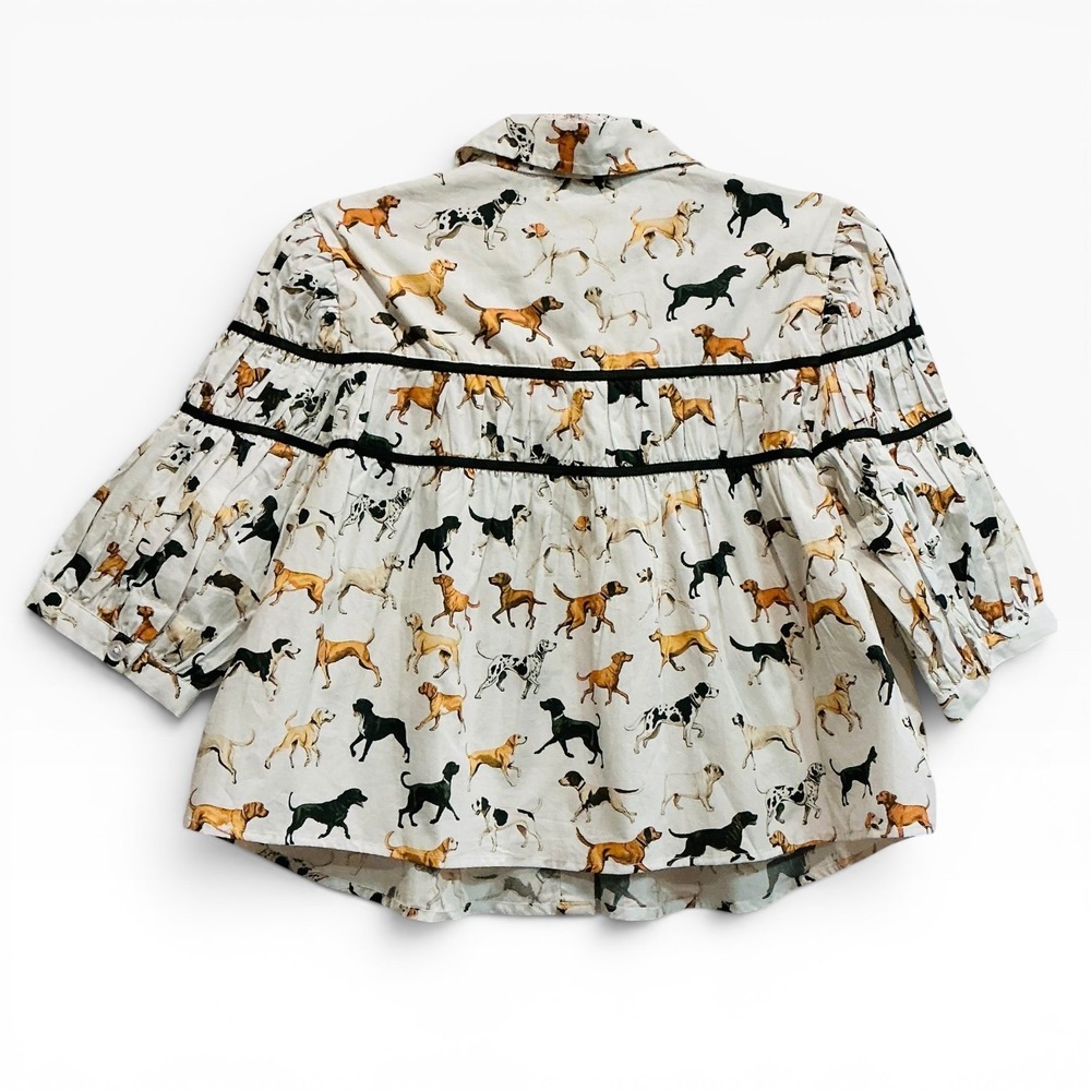 Anthropologie Maeve The Leandra Shirred Yoke Cotton Dog Print Puff Sleeve Blouse - Picture 2 of 7